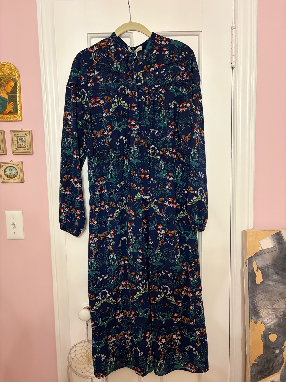 Navy Floral Long-Sleeve Midi Dress with Buttoned Neckline